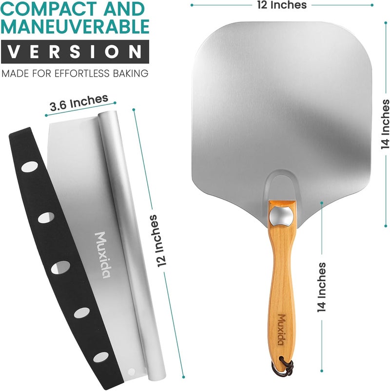 Muxida Aluminum Pizza Peel & Rocker Cutter Set (12" x 14") – Premium Stainless Steel Pizza Paddle with Foldable Wooden Handle, Lightweight Pizza Spatula with Storage Bag for Oven & Outdoor Pizza Maker - Image 3